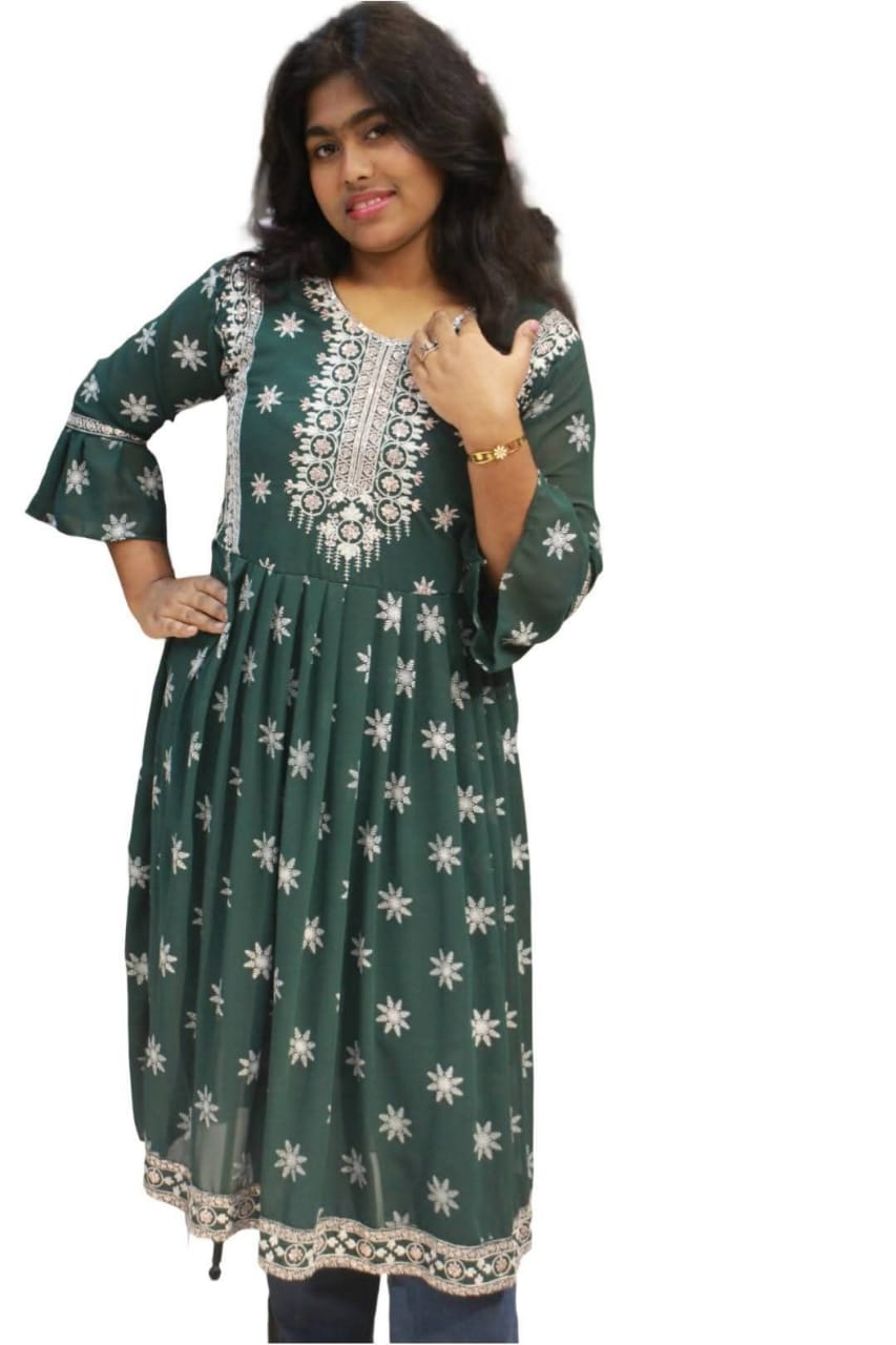 বটল গ্রিন এমব্রয়ডারি করা জর্জেট কুর্তি (সবচেয়ে এসইও ফ্রেন্ডলি)