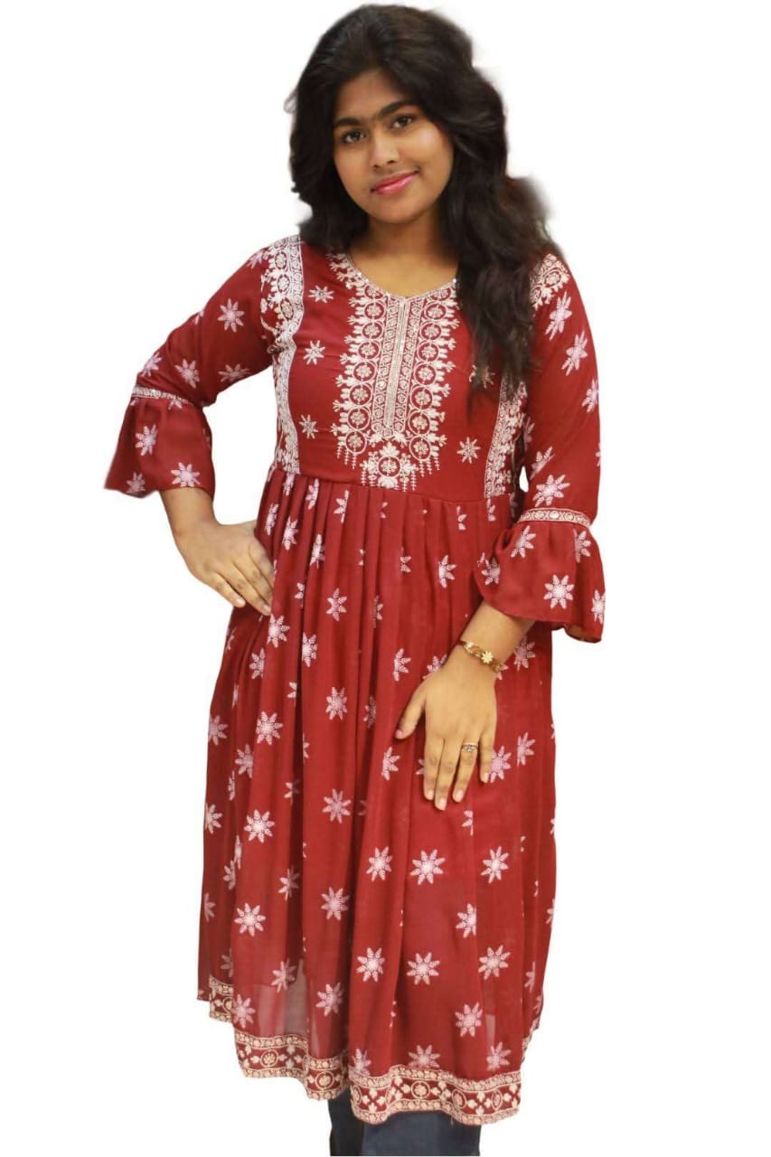 মেরুন জর্জেট এমব্রয়ডারি আনারকলি কুর্তি।
